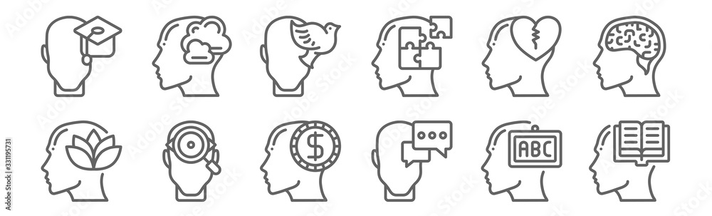 set of 12 human mind icons. outline thin line icons such as study ...