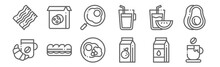 Set Of 12 Breakfast Icons. Outline Thin Line Icons Such As Coffee, Orange Juice, Sandwich, Watermelon, Egg, Cookies