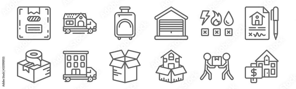 set of 12 removals icons. outline thin line icons such as house, moving, moving, utilities, suitcase, moving truck - obrazy, fototapety, plakaty 