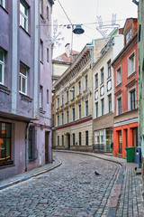 Canvas Print - Empty streets during winter time in old Riga