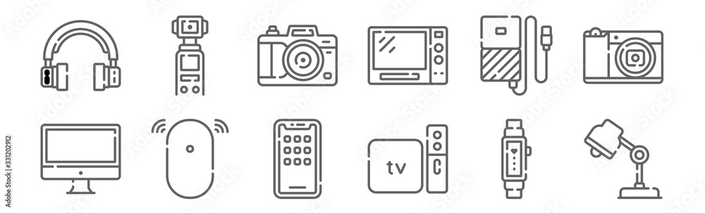set of 12 electronic devices icons. outline thin line icons such as ...