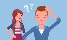 Misunderstanding, Communication Problem Between Man, Woman. Couple Feeling Disagreement Or Quarrel, Difference Of Opinion, Failure To Talk, Marriage Psychology. Vector Flat Style Cartoon Illustration