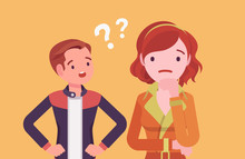 Misunderstanding, Communication Problem Between Man, Woman. Couple Feeling Disagreement Or Quarrel, Difference Of Opinion, Failure To Talk, Marriage Psychology. Vector Flat Style Cartoon Illustration
