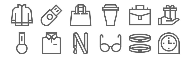 set of 12 promotional gifts icons. outline thin line icons such as clock, glasses, shirt, suitcase, shopping bag, usb