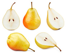 Collection Pears. Pears Isolated On White Background. Pears Fruit Clipping Path. Pears Macro Studio Photo