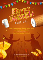 Sticker - Happy Baisakhi Festival Celebration Flyer Design with Dhol, Turban, Wheat Ear and Event Message Details on Brown Background.