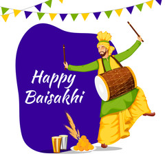 Wall Mural - Happy Baisakhi Celebration Concept with Punjabi Man Playing Dhol in Bhangra Dance, Wheat Ear, Indian Sweet (Laddu) and Glass of Lassi on Purple and White Background.