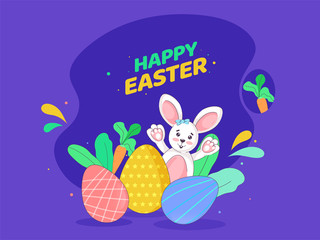 Poster - Happy Easter Celebration Concept with Cartoon Funny Bunny, Painted Eggs, Leaves and Carrot on Purple Background.