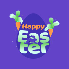 Sticker - Happy Easter Text with Rabbit Running and Carrots on Purple Background.