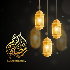 Golden Arabic Calligraphy of Ramadan Kareem Text with Hanging Illuminated Lanterns Decorated on Black Background.