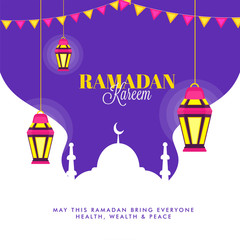 Sticker - Ramadan Kareem Wishing Card or Poster Design with Hanging Illuminated Lanterns and Bunting Flag Decorated on Mosque White and Purple Background.