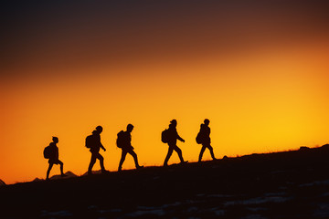 Wall Mural - five hikers going uphill at sunset