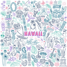 Hawaii Doodle Set. Traditional Hawaiian Culture Symbols - Food, Hula Dancers, Aloha, Surfing, Tiki Bar And Carvings, Birds And Animals. Hand Drawn Vector Illustration Isolated On Background.