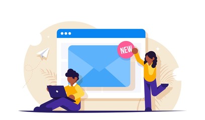 Poster - web email service. people near the open browser tab with a notification of the new letter. modern fl