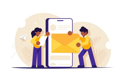 Poster - email marketing concept. people send or receive a letter using a mobile phone. business corresponden