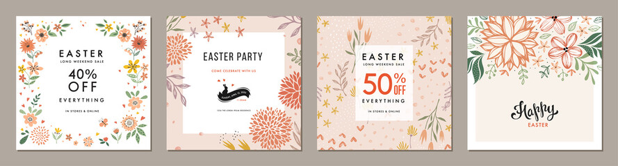 Wall Mural - trendy easter floral square templates. suitable for social media posts, mobile apps, cards, invitati