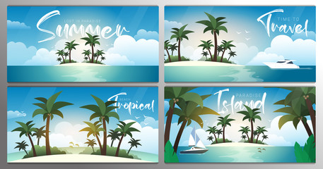 Wall Mural - Set of banners. Tropical Island Beach with palms. Summer Time. Beautiful Sea Landscape.