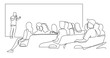 People sit cinema hall back rear view looking at screen continuous one line drawing. Hand drawn audience cinema, theater vector silhouette. Crowd of people in the auditorium  contour illustration.