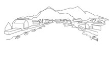 Norwegian Mountain Landscape Continuous One Line Vector Drawing. Norway, A Small Town With Houses Near The Shore Of The Water With Fishing Boats Hand Drawn Silhouette. Nature, Rock Panoramic Sketch.