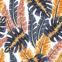  Trending tropical seamless pattern with plants and leaves. Summer background with exotic leaves. Exotic wallpaper, Hawaiian style. Vector background for various surface. Jungle leaves.