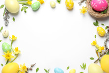 Frame Made With Easter Eggs On White Background, Flat Lay. Space For Text