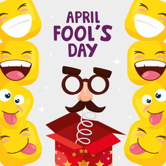 Sticker - april fool day with emoticones and icons vector illustration design