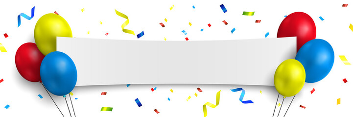 White congratulations banner with colorful balloons and confetti. Vector illustration.