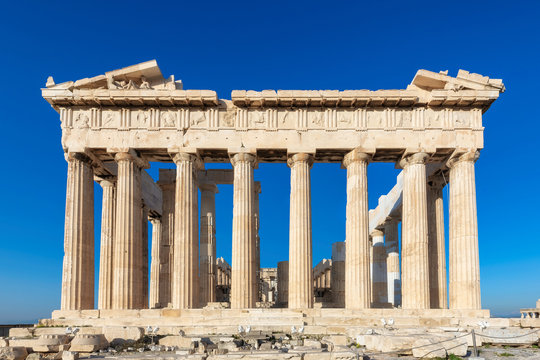 parthenon temple at morning time with blue sky in acropolis, athens, greece.