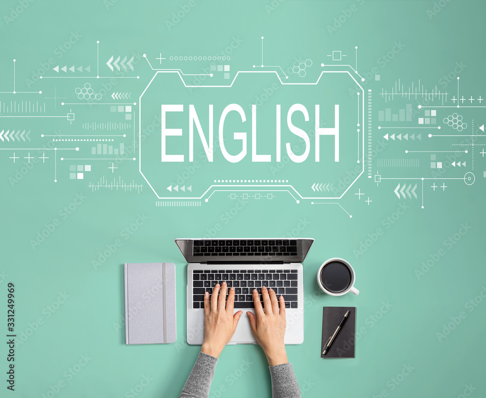 English concept with person using a laptop - obrazy, fototapety, plakaty 