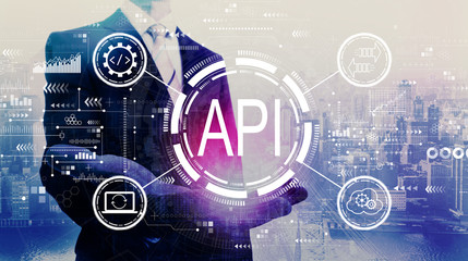 Wall Mural - API - application programming interface concept API concept with businessman on a city background