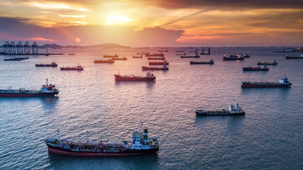 Wall Mural - Aerial view tanker cargo vessel oil and gas petrochemical in oil terminal, Global business commercial trade freight fuel chemical and natural gas logistic industry refinery worldwide.