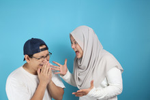 Muslim Couple Having Conflict, Husband Afraid To His Wife Concept