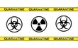 Vector set of weapon of mass destruction signs and yellow tapes of quarantine on white background. Pandemic stop outbreak, biological, radiological hazard sign, Waring Coronavirus COVID-19 Quarantine.