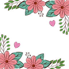 Poster - frame of flowers pink color with leafs and hearts vector illustration design