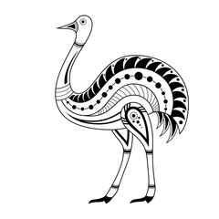 Wall Mural - Ostrich. Aboriginal art style. Tatoo. Black and white logo. Vector monochrome illustration isolated on white background.