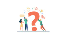 People Searching Solutions And Asking For Help. Men And Women Discussing Huge Question Mark. Vector Illustration For Communication, Assistance, Consulting Concept
