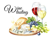 Glass Of Wine,  Grapes And Cheese. Hand Drawn Watercolor Illustration, Isolated On White Background