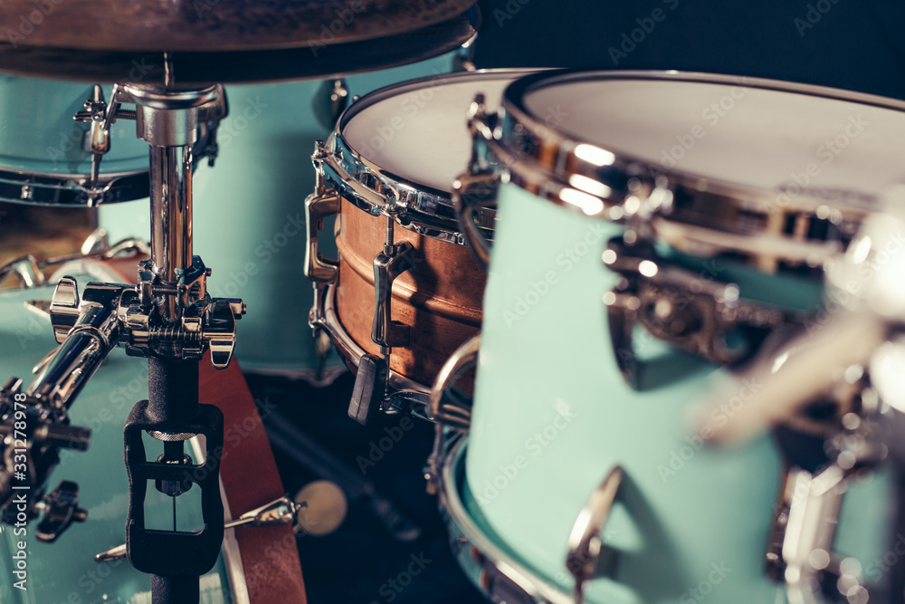 Detail of a drum kit closeup . Drums on stage retro vintage picture. - obrazy, fototapety, plakaty 