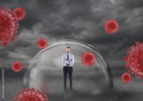 Fotografía Businessman safely inside a shield dome that protects him from virus