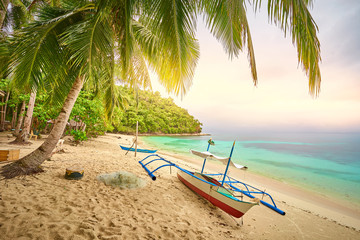 Wall Mural - Fisher boat lying peaceful under palm trees at the beach of 