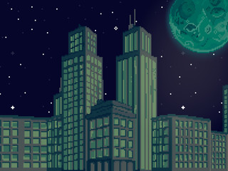 Poster - vector illustration of pixel art city. pixel art retro futuristic background for game. 8 bit. pixel 