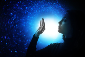 Wall Mural - abstract woman portrait. double exposure of female face, galaxy. digital art.
