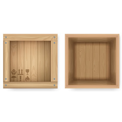Poster - Realistic Detailed 3d Wooden Box Open and Closed View Set. Vector