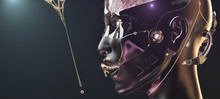 Futuristic Cyborg Fembot Closeup Face With Golden Liquid Metal Side View On Foggy Background With Copyspace, 3d Render