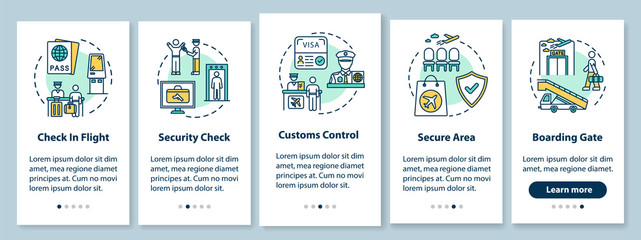 Airport guide onboarding mobile app page screen with concepts. Commercial flight boarding walkthrough five steps graphic instructions. UI vector template with RGB color illustrations