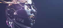 Cybernetic Brain In Cyborg Face With Golden Paint On It, Futuristic Robotic Head Concept Art Of Artificial Intelligence Network With Copyspace, 3d Render