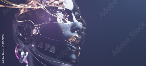 Cybernetic brain in cyborg face with golden paint on it, futuristic robotic head Tableau sur Toile