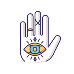 Wall Mural - Hand and eye esoteric RGB color icon. Fortune teller mystic symbol. All seeing eye magical sign. Tarot reading, palmistry and future prediction talisman. Isolated vector illustration