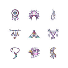 Native American Indian Accessories RGB Color Icons Set. Tribe Chief Hat And Teepee. Boho Style Dreamcather. Necklace With Tooth, Arrow With Feathers. Isolated Vector Illustrations