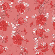 Floral Seamless Pattern With Red Petunias And White Flowers, Leaves On Pink Background. Hand Drawn. For Design, Textile, Print, Wallpapers, Wrapping Paper. Vector Stock Illustration.